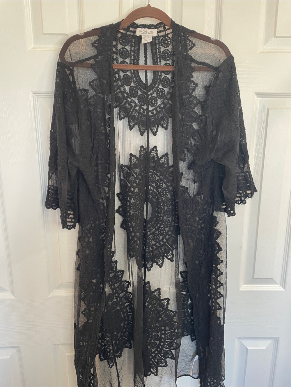RACHEL ZOE LONG BLACK SHEER CROCHET LACE KIMONO DUSTER SWIM COVERUP OS